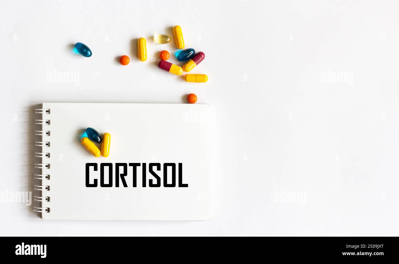 L'inscription CORTISOL est écrite sur un cahier. Vue de face. Pilules sur fond blanc. Concept médical. Banque D'Images