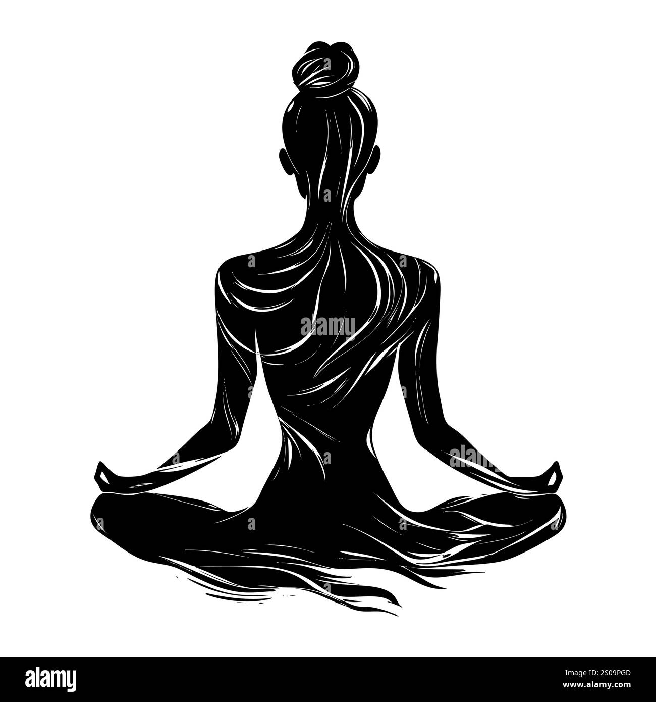 Silhuette féminine en méditation. Figure paisible dans la pose de lotus de yoga. Clipart moderne et isolé sur fond transparent. Banque D'Images