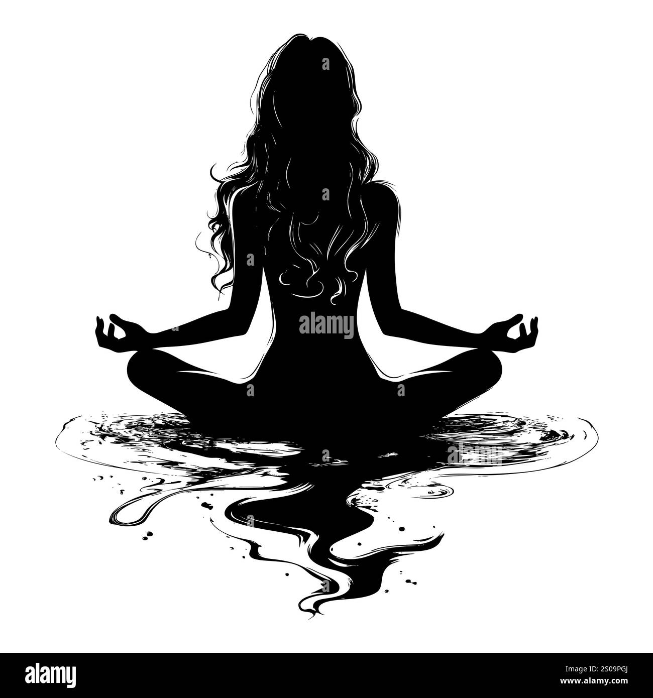Silhuette féminine en méditation. Figure paisible dans la pose de lotus de yoga. Clipart moderne et isolé sur fond transparent. Banque D'Images