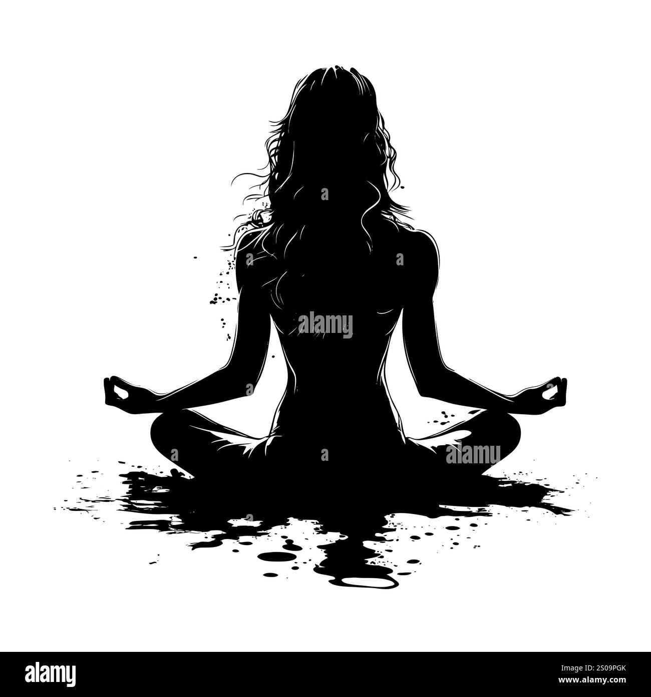 Silhuette féminine en méditation. Figure paisible dans la pose de lotus de yoga. Clipart moderne et isolé sur fond transparent. Banque D'Images