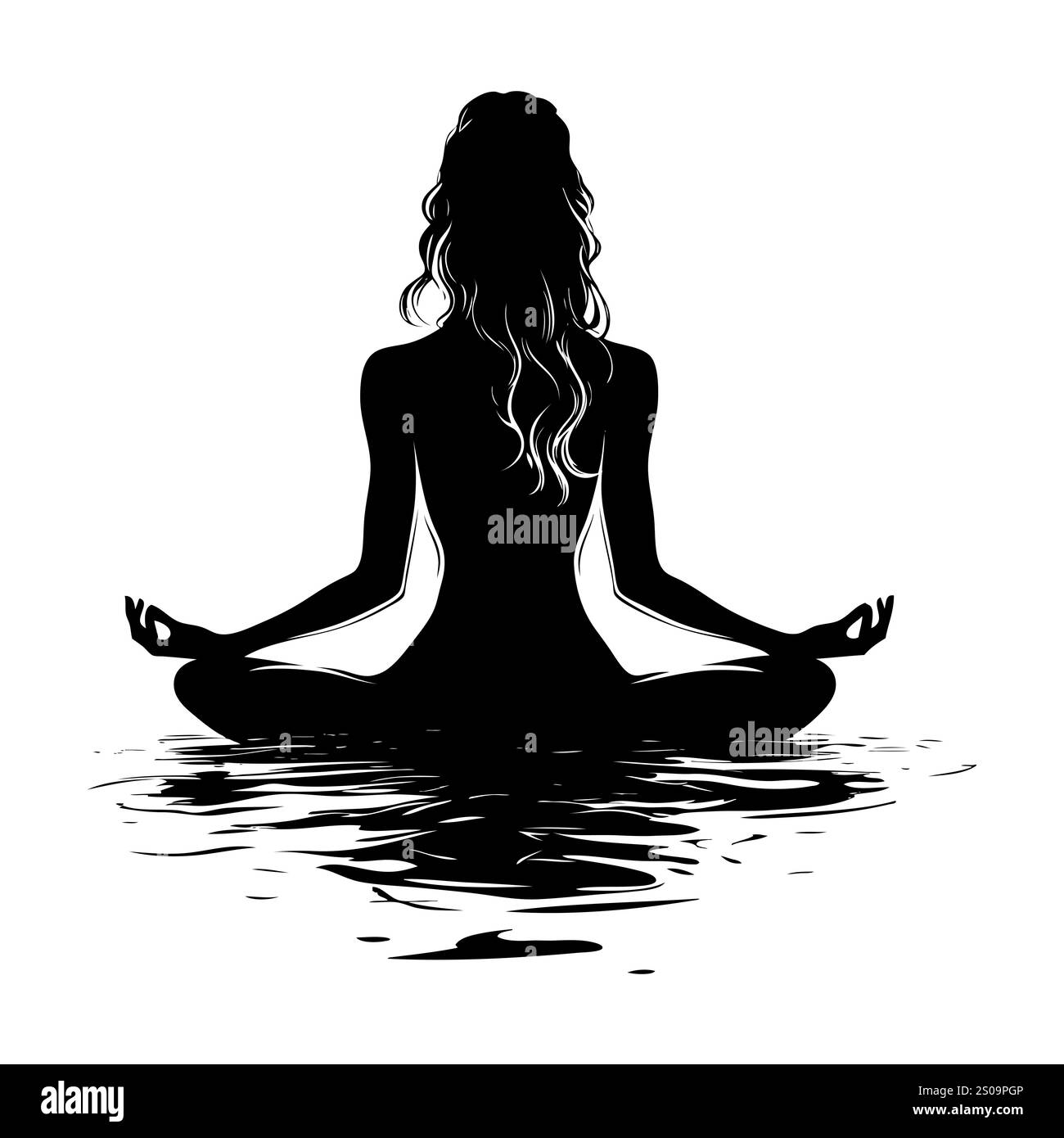 Silhuette féminine en méditation. Figure paisible dans la pose de lotus de yoga. Clipart moderne et isolé sur fond transparent. Banque D'Images