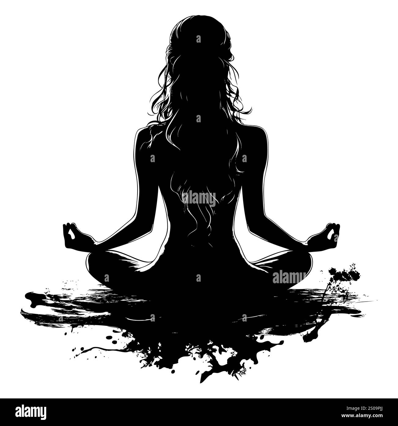 Silhuette féminine en méditation. Figure paisible dans la pose de lotus de yoga. Clipart moderne et isolé sur fond transparent. Banque D'Images