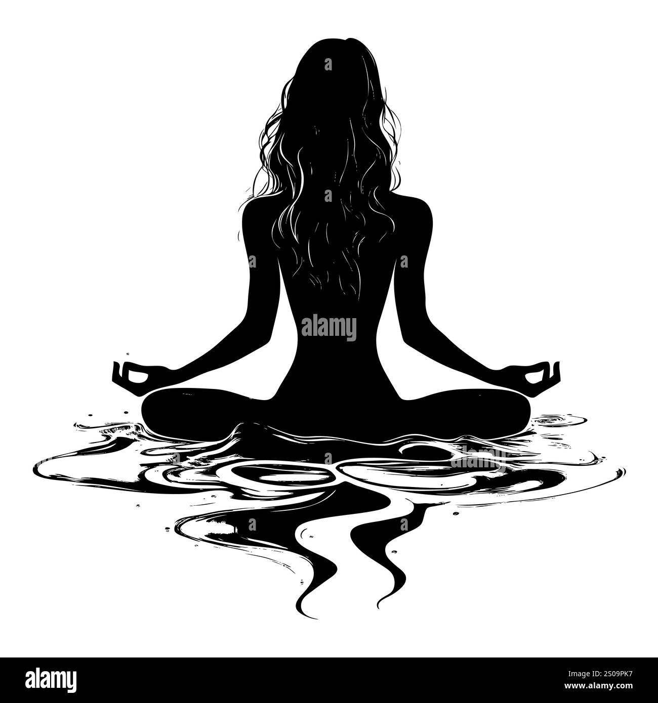 Silhuette féminine en méditation. Figure paisible dans la pose de lotus de yoga. Clipart moderne et isolé sur fond transparent. Banque D'Images