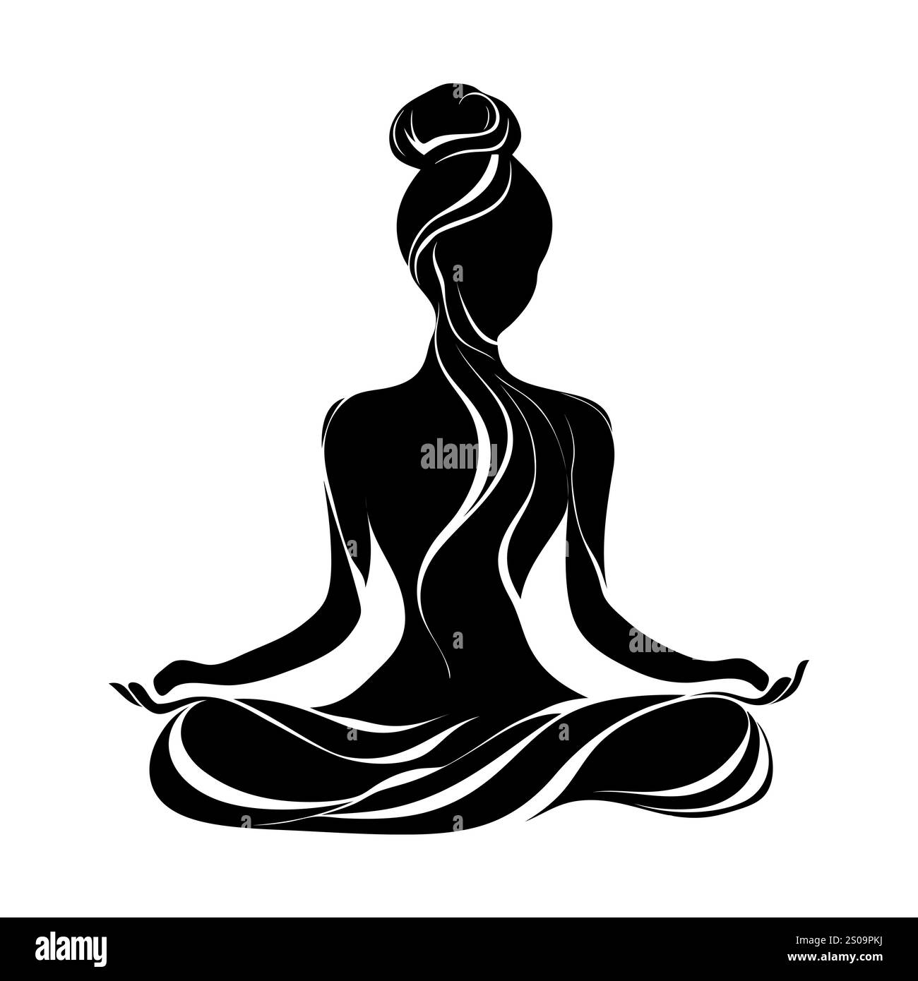 Silhuette féminine en méditation. Figure paisible dans la pose de lotus de yoga. Clipart moderne et isolé sur fond transparent. Banque D'Images