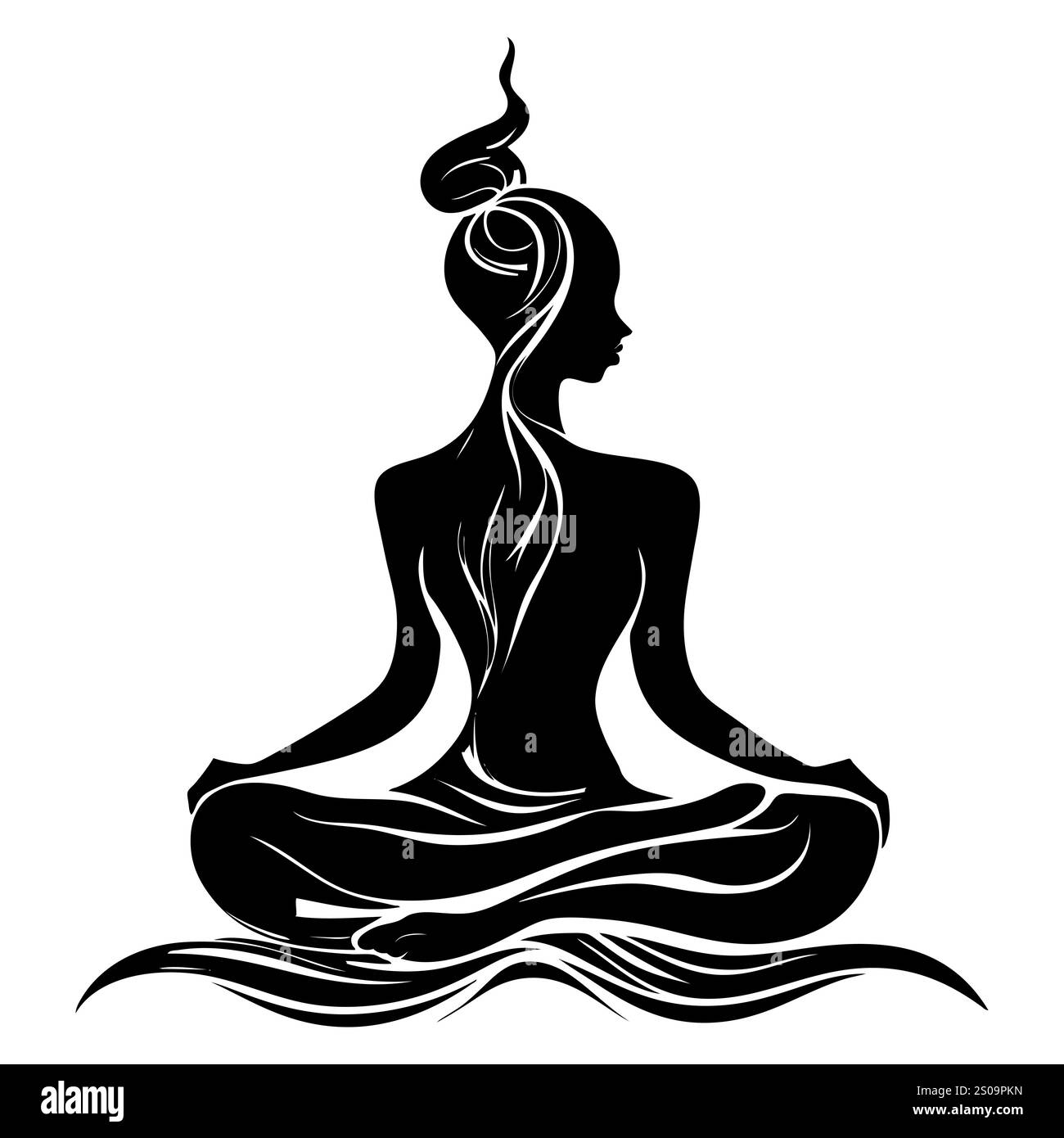 Silhuette féminine en méditation. Figure paisible dans la pose de lotus de yoga. Clipart moderne et isolé sur fond transparent. Banque D'Images