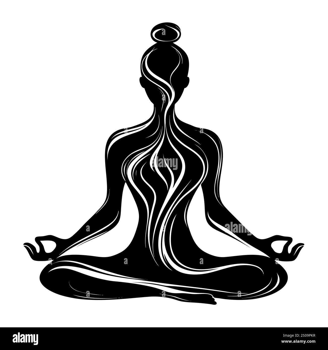 Silhuette féminine en méditation. Figure paisible dans la pose de lotus de yoga. Clipart moderne et isolé sur fond transparent. Banque D'Images
