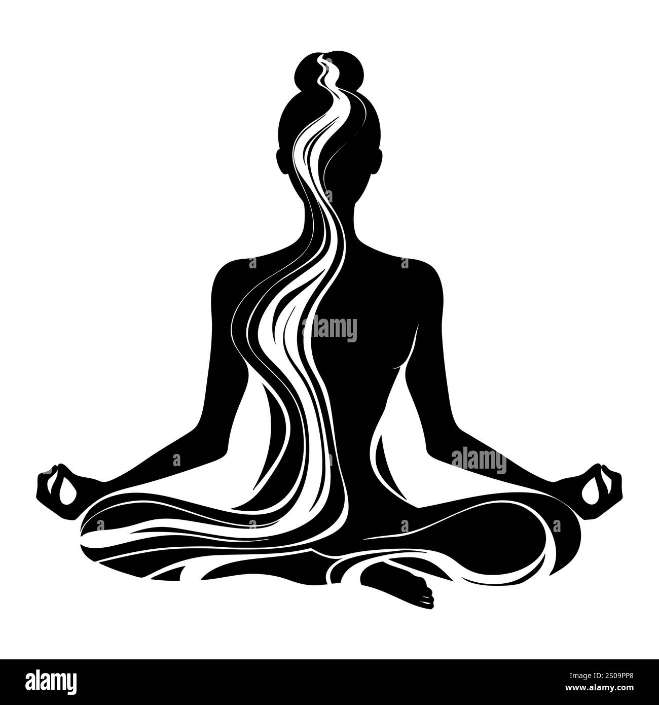 Silhuette féminine en méditation. Figure paisible dans la pose de lotus de yoga. Clipart moderne et isolé sur fond transparent. Banque D'Images