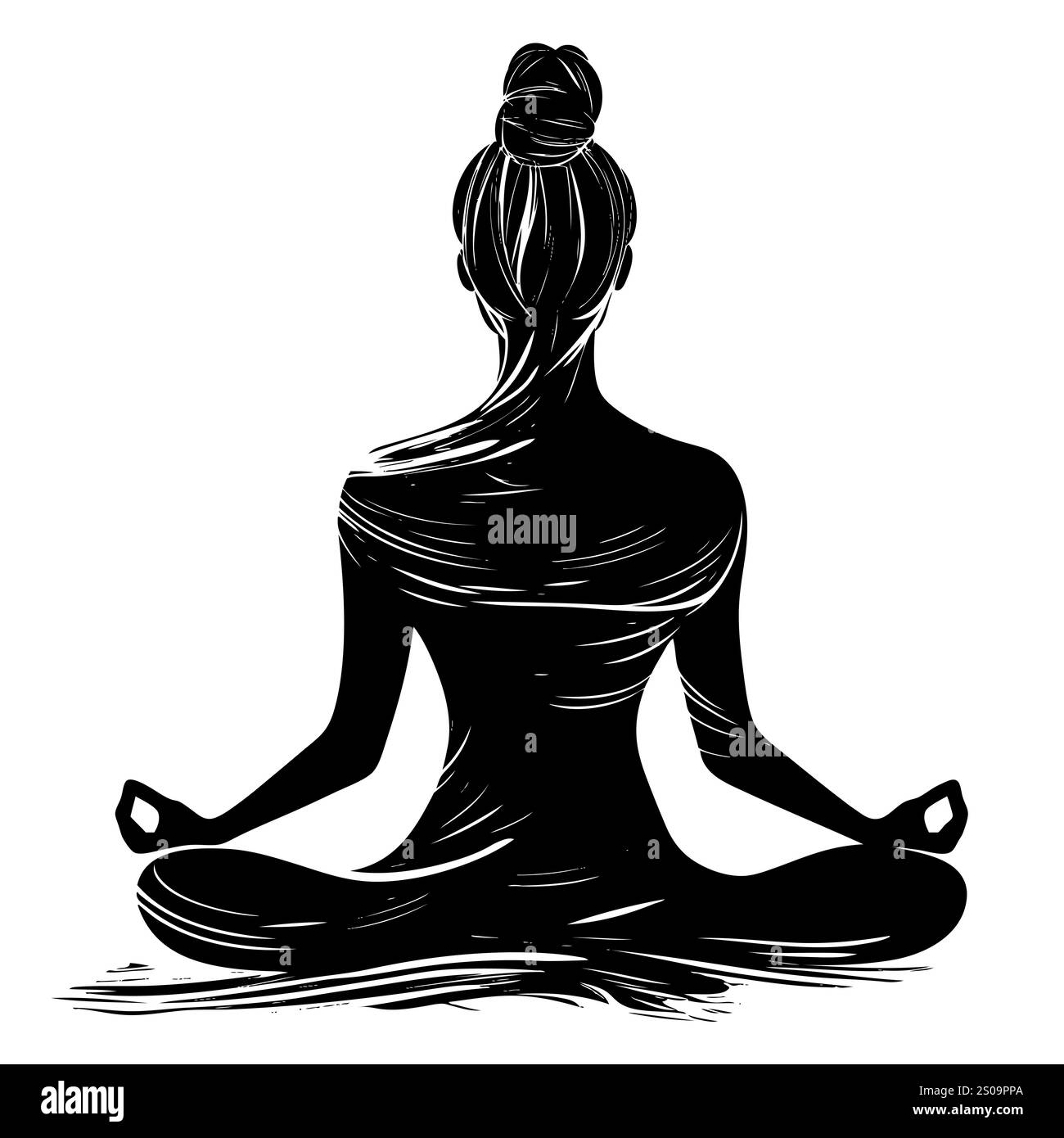 Silhuette féminine en méditation. Figure paisible dans la pose de lotus de yoga. Clipart moderne et isolé sur fond transparent. Banque D'Images