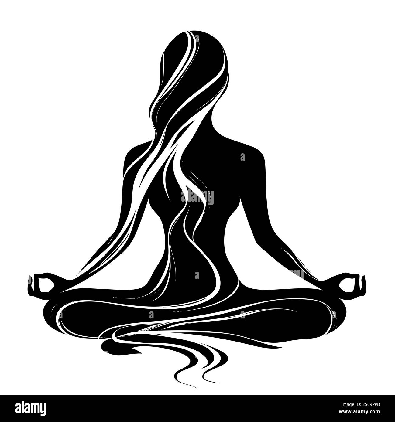 Silhuette féminine en méditation. Figure paisible dans la pose de lotus de yoga. Clipart moderne et isolé sur fond transparent. Banque D'Images