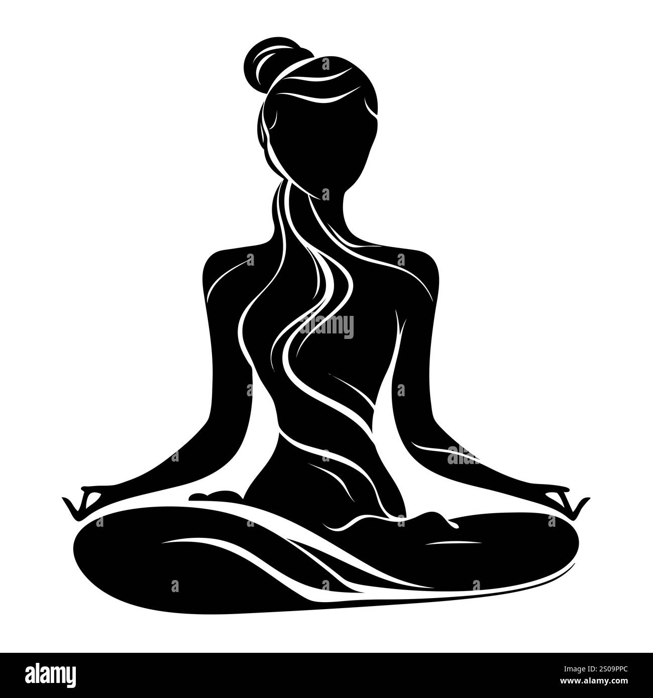 Silhuette féminine en méditation. Figure paisible dans la pose de lotus de yoga. Clipart moderne et isolé sur fond transparent. Banque D'Images