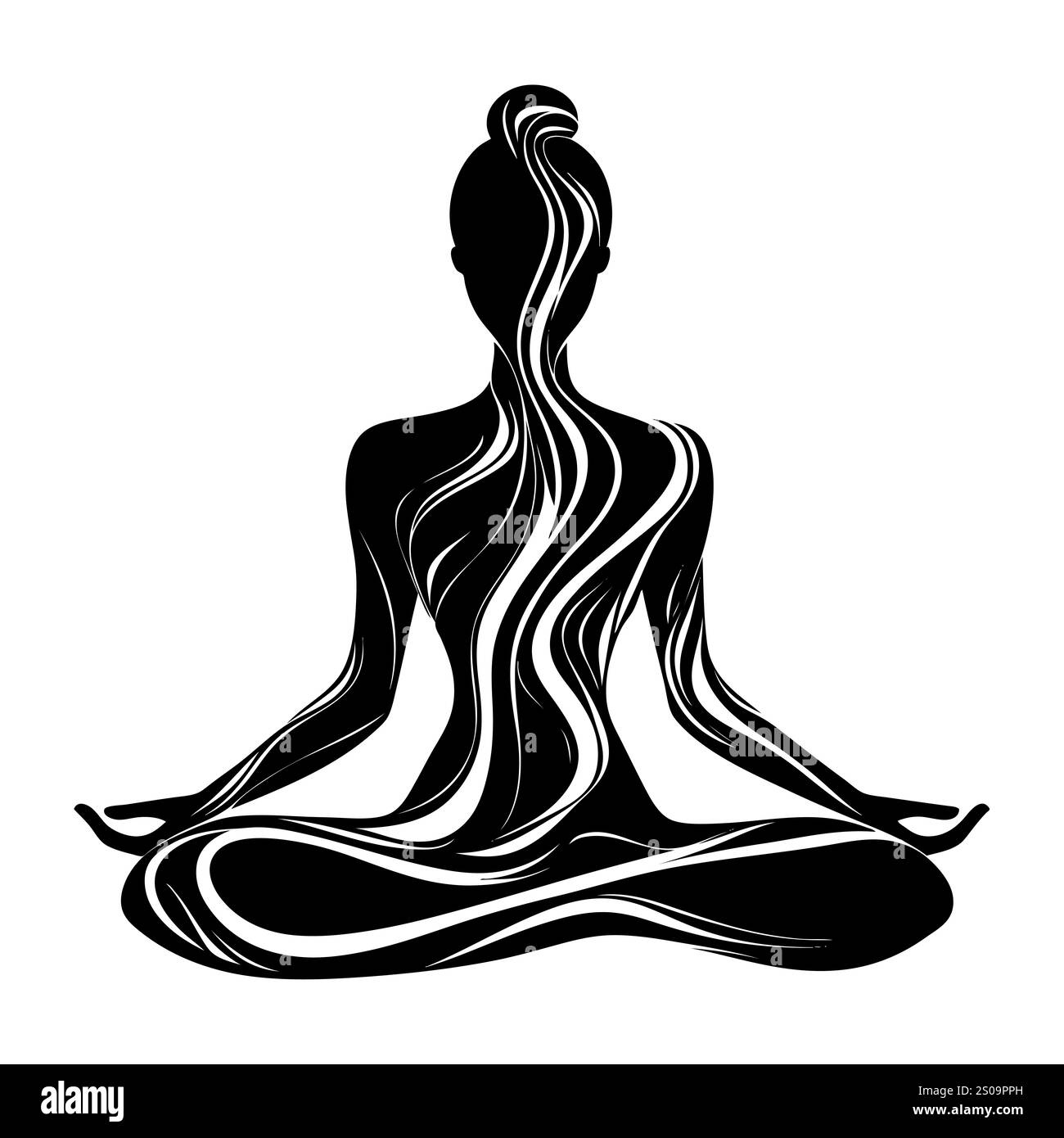 Silhuette féminine en méditation. Figure paisible dans la pose de lotus de yoga. Clipart moderne et isolé sur fond transparent. Banque D'Images