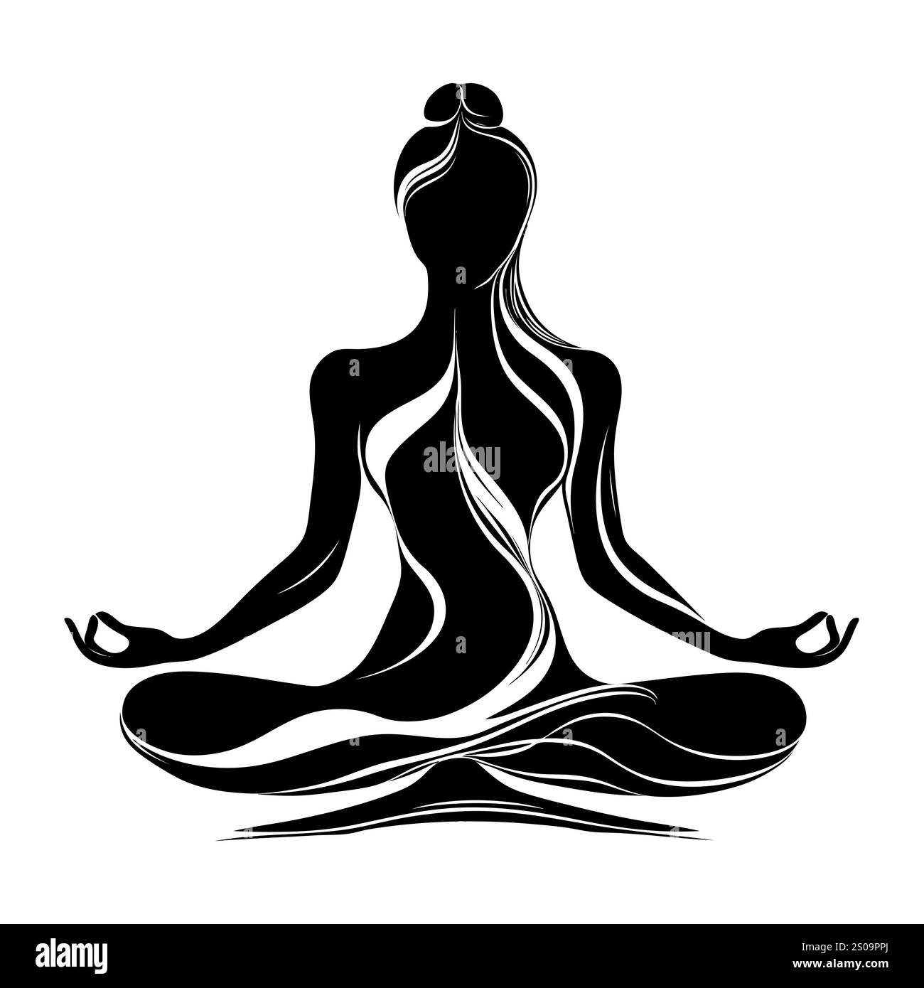 Silhuette féminine en méditation. Figure paisible dans la pose de lotus de yoga. Clipart moderne et isolé sur fond transparent. Banque D'Images