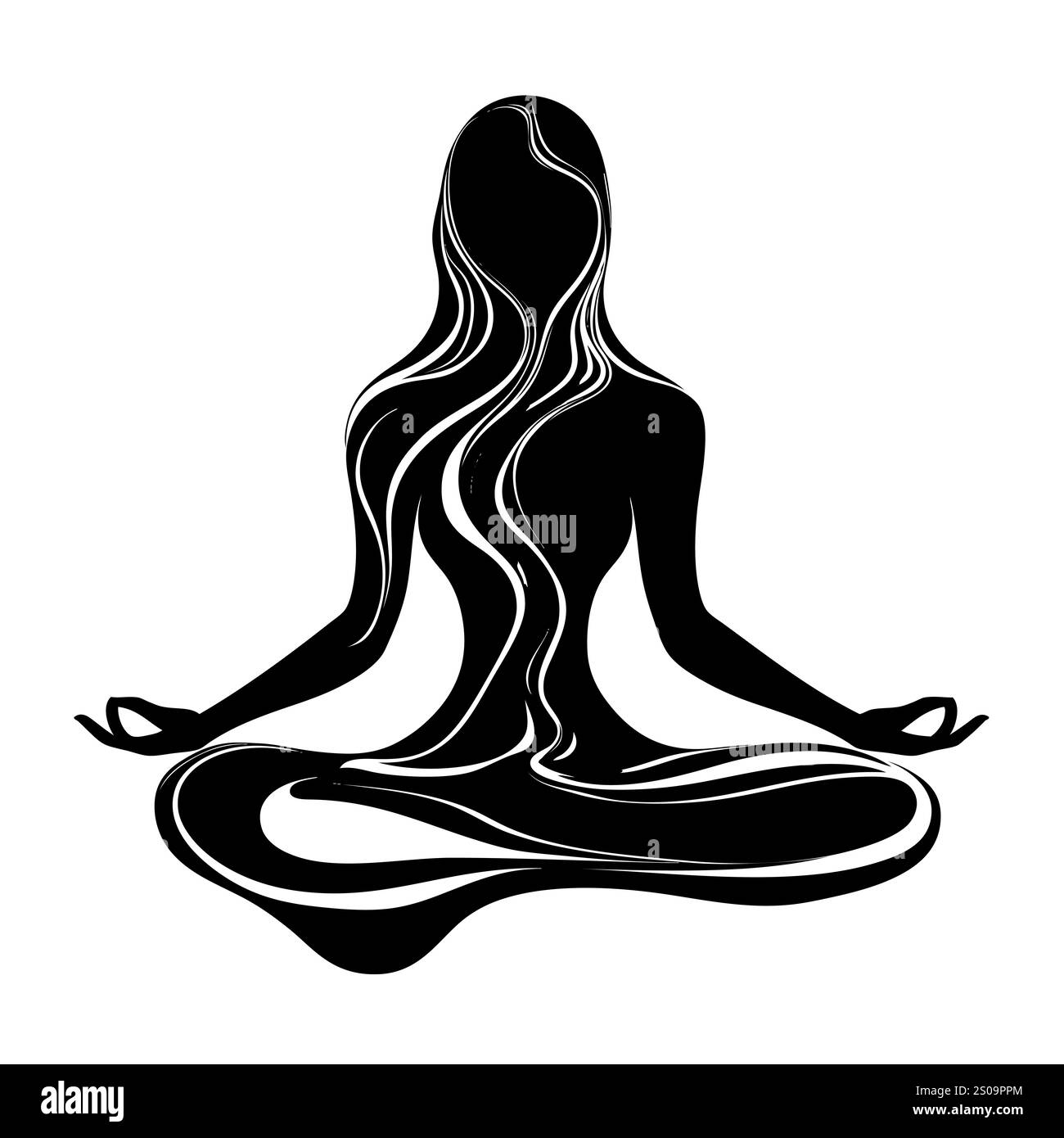 Silhuette féminine en méditation. Figure paisible dans la pose de lotus de yoga. Clipart moderne et isolé sur fond transparent. Banque D'Images