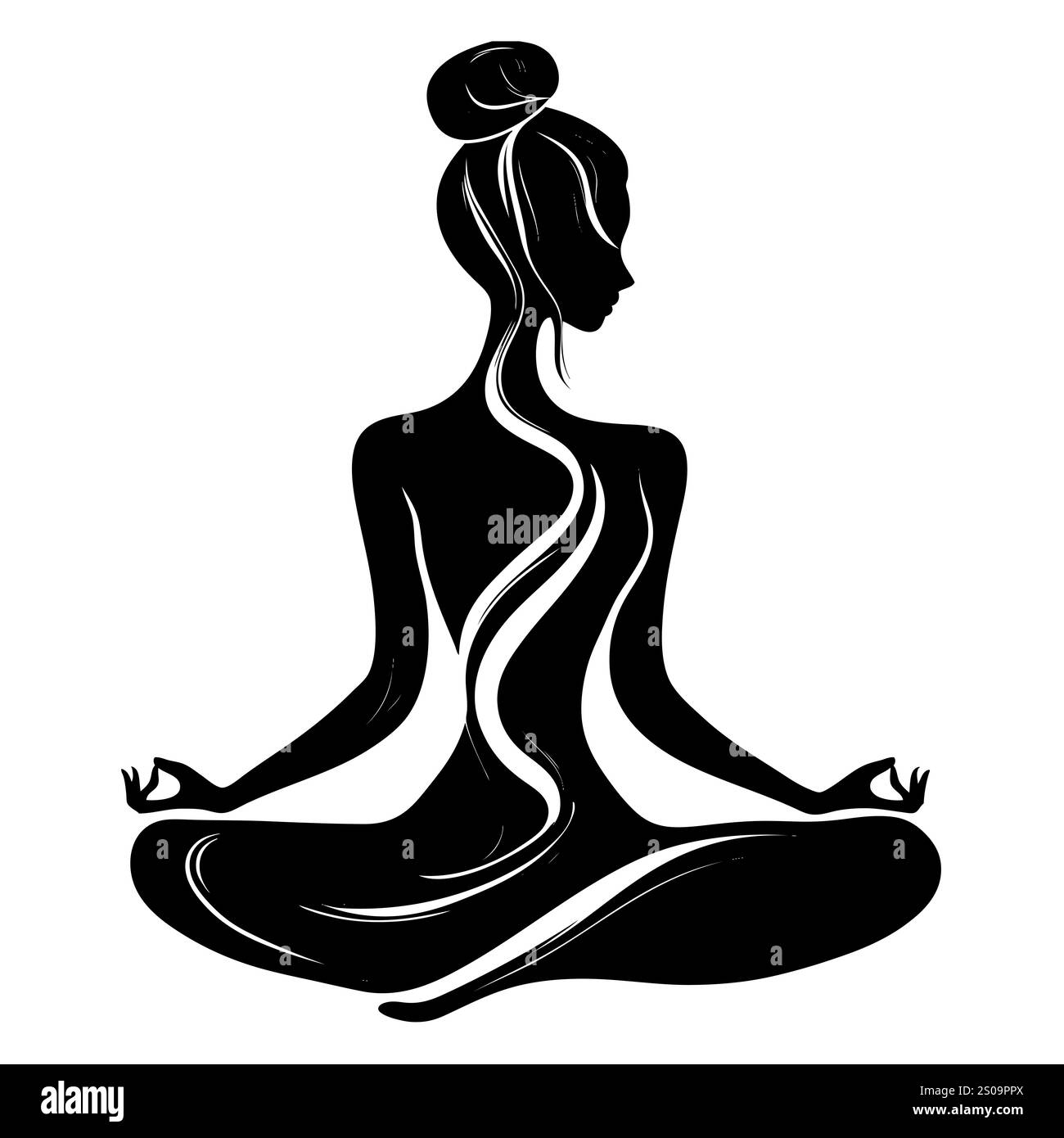 Silhuette féminine en méditation. Figure paisible dans la pose de lotus de yoga. Clipart moderne et isolé sur fond transparent. Banque D'Images