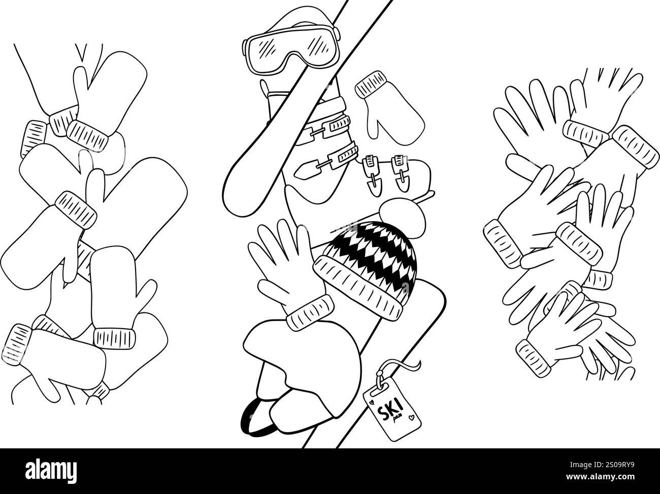 Ensemble de bordure verticale sans couture de gants de vêtements d'hiver, mitaines et équipement de ski. Illustration vectorielle de ligne graphique. Modèle de conception pour flyers, bannière Illustration de Vecteur