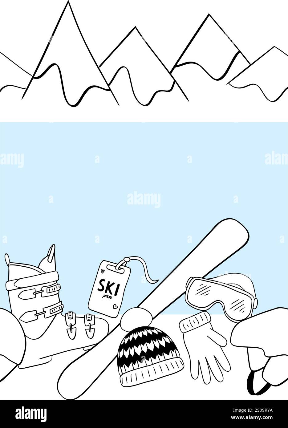 Équipement de ski Seamless Border et montagnes enneigées. Modèle répétitif d'équipement de ski. Modèle de sport d'hiver horizontal vectoriel pour votre texte. Utilisez un Illustration de Vecteur