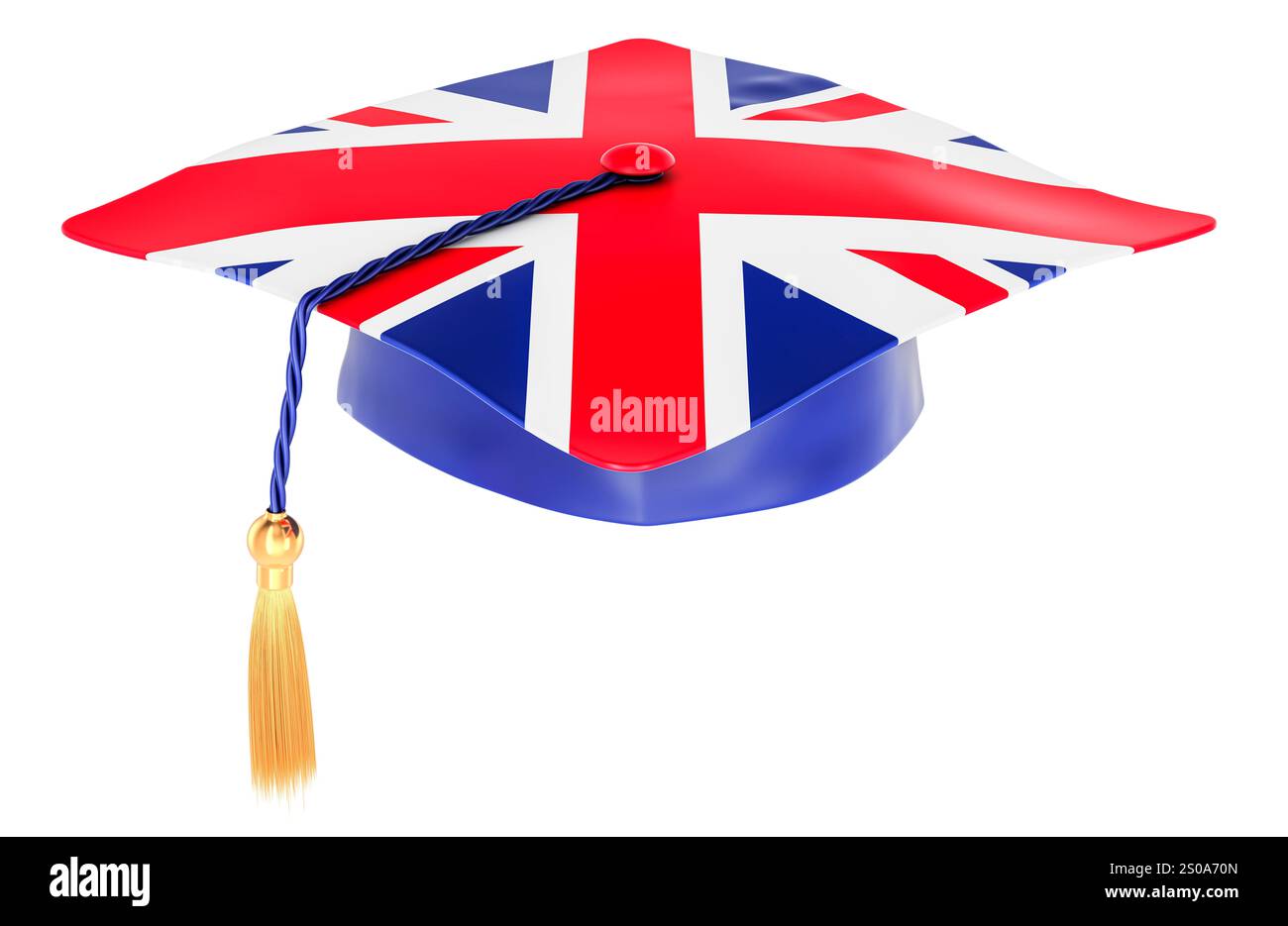 Casquette de graduation avec drapeau britannique. Éducation au Royaume-Uni ou apprendre la langue anglaise, concept. Rendu 3D isolé sur fond blanc Banque D'Images