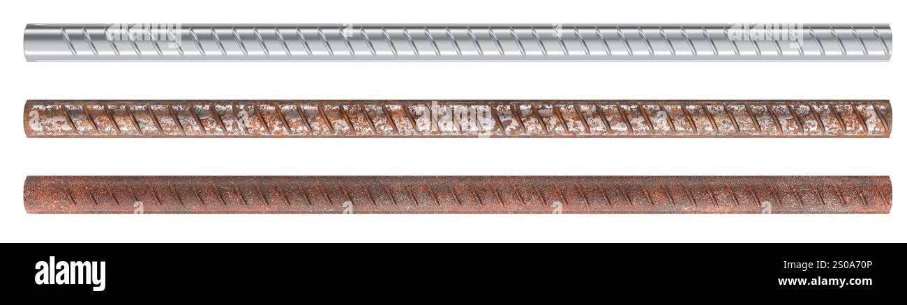 Barres d'armature de construction. Nouvelle barre d'armature rouillée corrodée et ancienne barre d'armature rouillée. Rendu 3D isolé sur fond blanc Banque D'Images