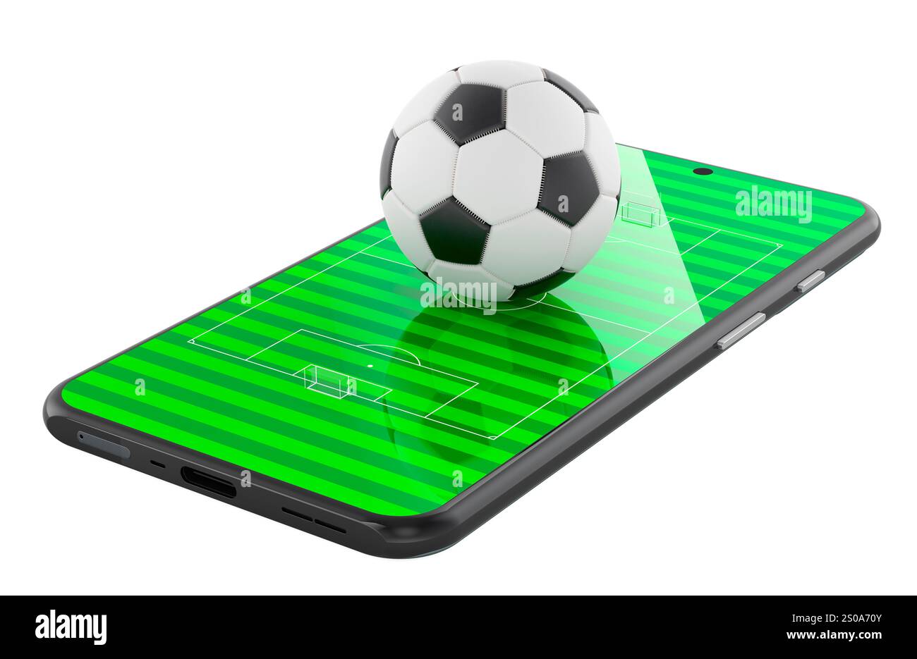 Smartphone avec terrain de football et ballon de football. Paris sportifs en ligne, regarder le football ou le jeu vidéo de football, concept. Rendu 3D isolé sur fond blanc Banque D'Images