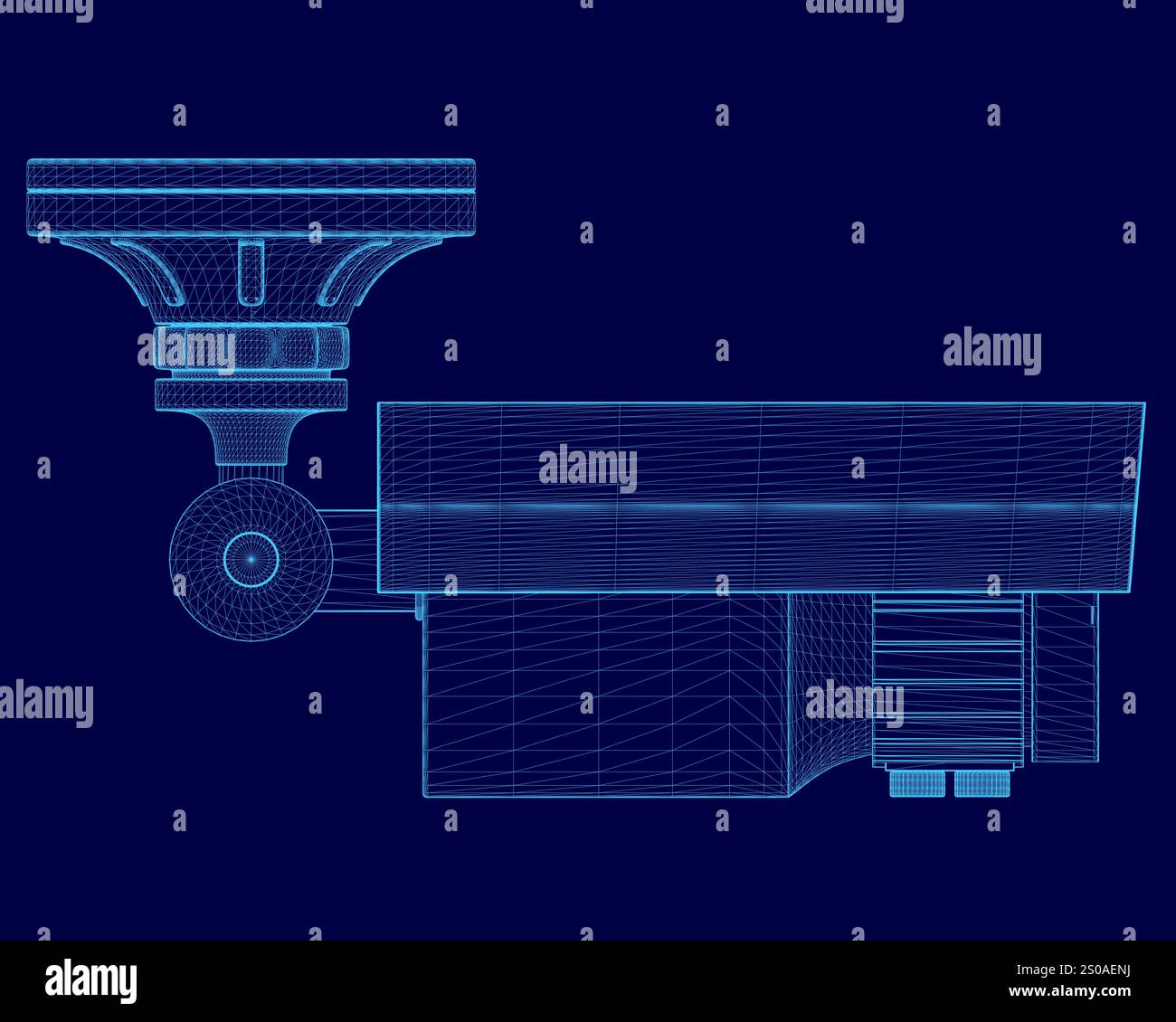 Dessin bleu d'un objectif de caméra CCTV avec un fond bleu. L'objectif est représenté dans une perspective 3D. Illustration de Vecteur