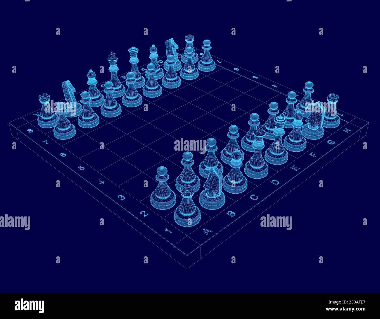 Échiquier avec un fond bleu et un jeu d'échecs bleu. Les pièces d'échecs sont dispersées sur le plateau, avec certains d'entre eux étant au milieu du Illustration de Vecteur