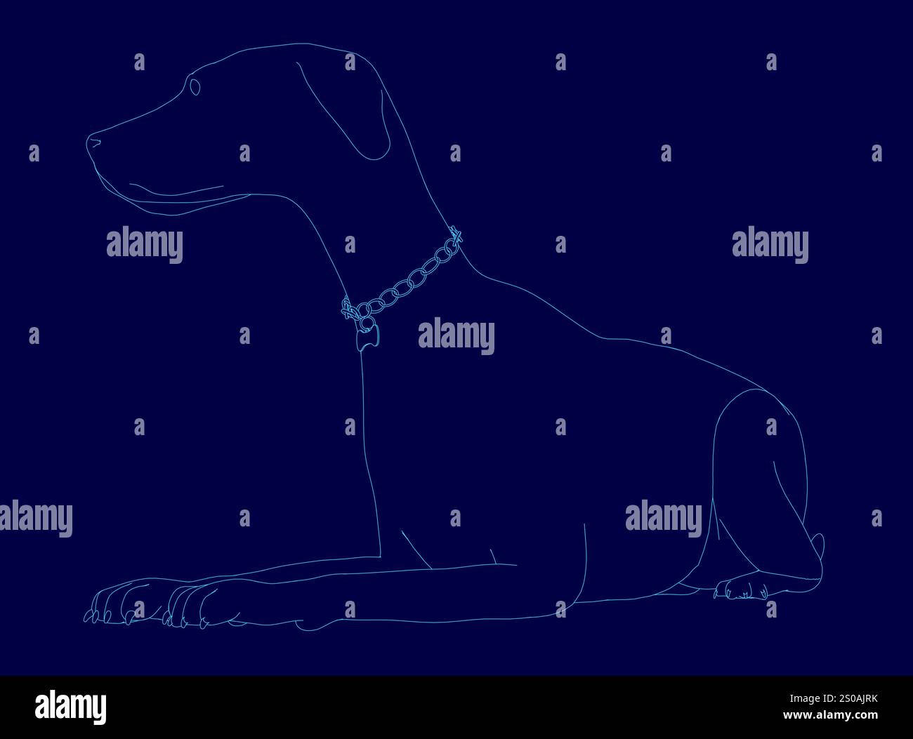 Le chien est allongé sur un fond bleu. Le chien porte un collier. Le chien est allongé dans une position détendue Illustration de Vecteur