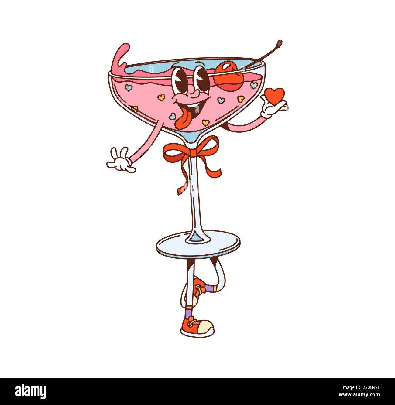 Dessin animé groovy Valentine boisson caractère en verre dans l'amour. Personnage cocktail rétro rose vectoriel avec arc festif et cerise, portant des baskets à la mode et tenant le cœur. La boisson mignonne respire les vibrations hippies Illustration de Vecteur