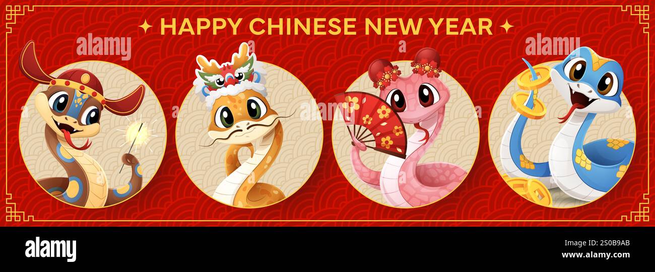 Bannière chinoise du nouvel an lunaire avec des personnages de serpent drôles de bande dessinée, collage vectoriel. Joyeux salut du nouvel an chinois pour les vacances asiatiques ou calendrier lunaire de l'année avec des serpents dans le masque de dragon avec des pièces d'or Illustration de Vecteur