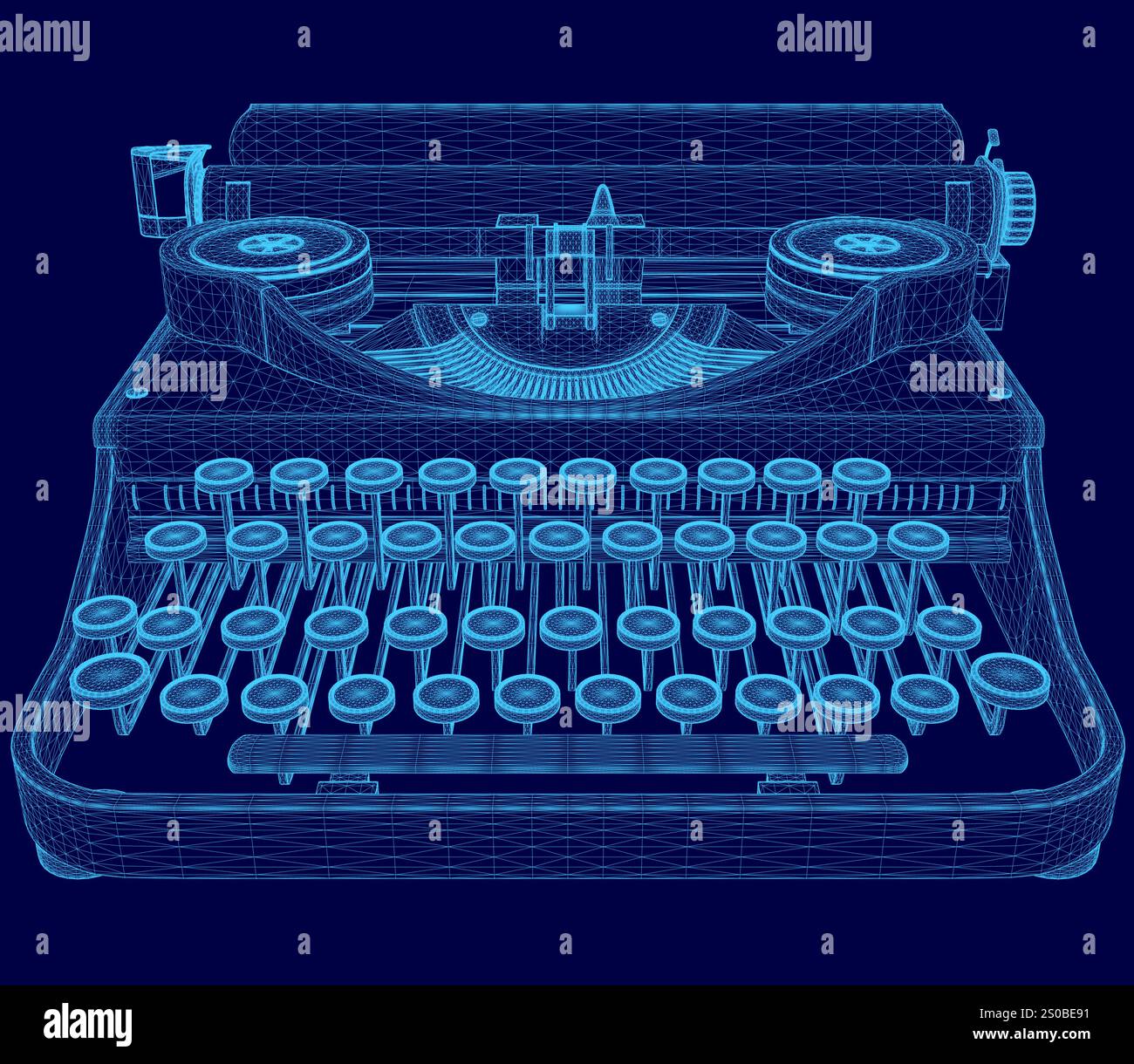 Numérique d'une machine à écrire avec un design unique et stylisé. Le clavier est bleu et a un aspect futuriste Illustration de Vecteur