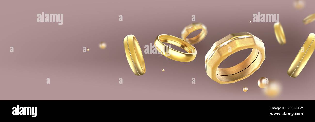 Bandes de mariage dorées flottantes sur fond marron. Élégants anneaux métalliques volant dans différents angles. Bijoux géométriques avec des surfaces lisses et des détails brillants pour la présentation de bijoux de mariée. Illustration de Vecteur