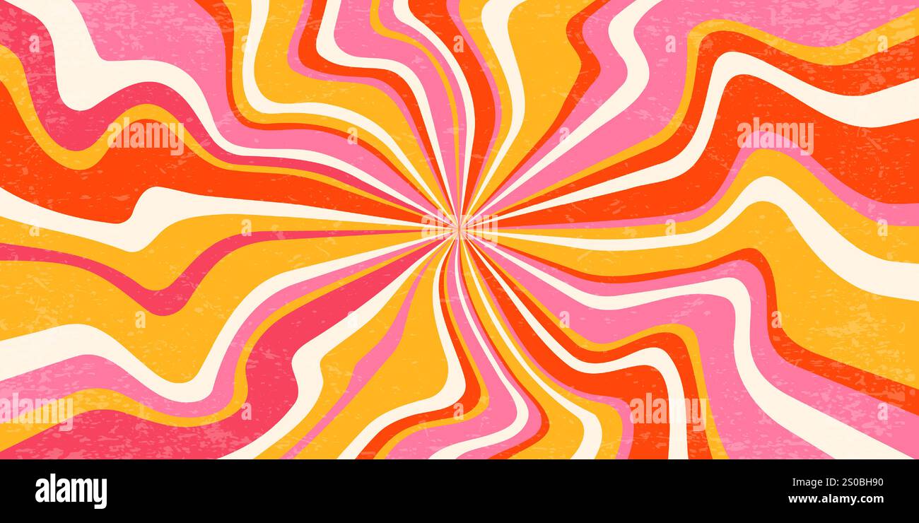 Fond rétro avec rafale de soleil en spirale. Motif radial texturé à tourbillon vectoriel avec rayons. Vintage abstrait ondulé rose et orange rayé vortex. 70s funky Illustration de Vecteur