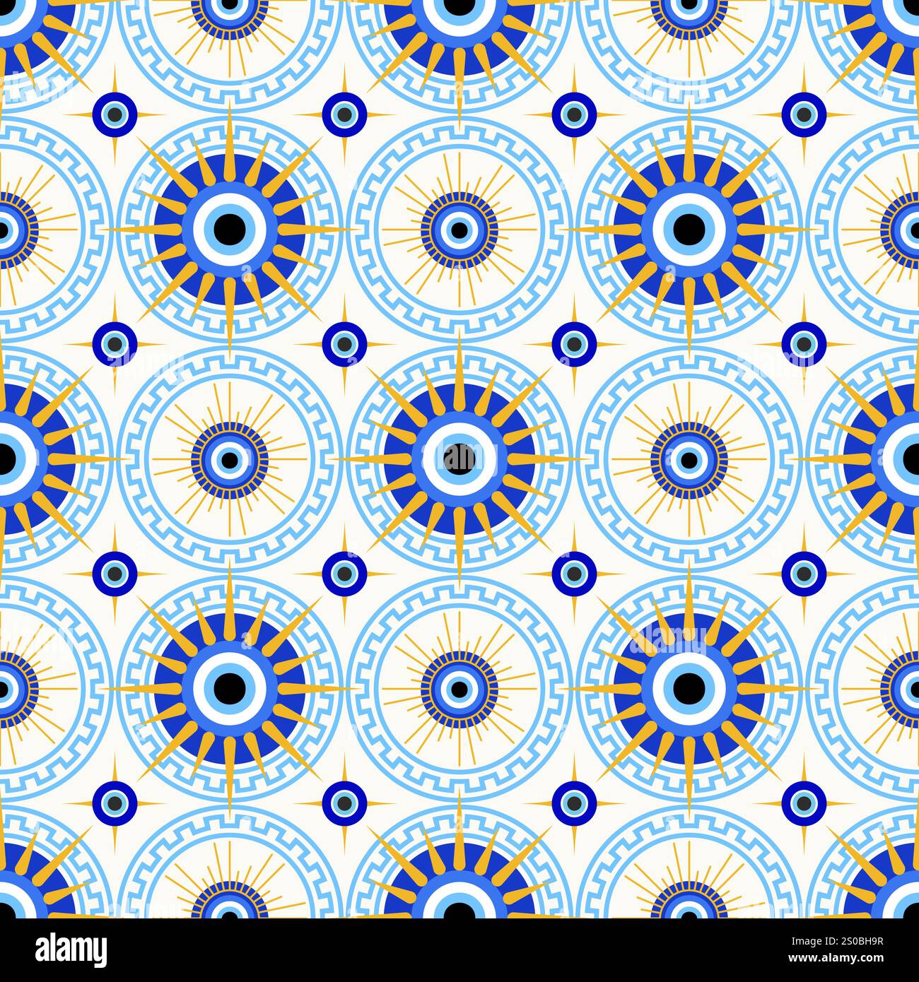 Motif mauvais oeil sans couture. Perle bleue turque. Fond magique de vecteur grec avec le symbole ethnique nazar de protection et de chance. Méandre traditionnelle Illustration de Vecteur