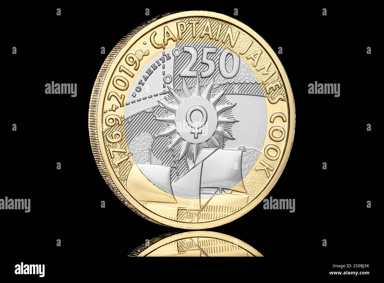 Pièce de 2019 £ émise pour commémorer le 250e anniversaire du premier voyage du capitaine Cook. Conçu par Gary Breeze. Banque D'Images