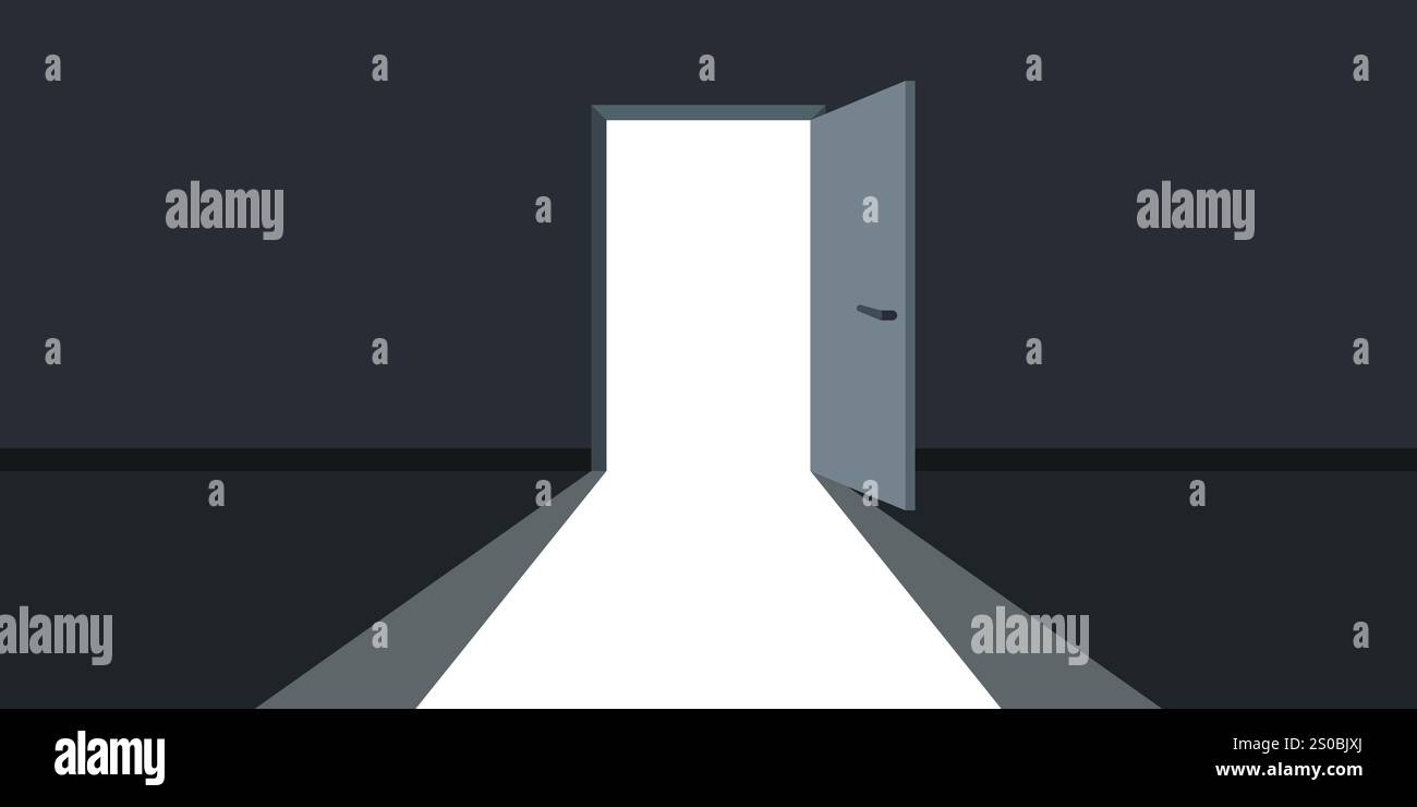 Ouvrez la porte avec l'icône de lumière dans le style plat. Illustration vectorielle de chambre sombre sur fond isolé. Concept d'affaires de signe d'entrée de porte. Illustration de Vecteur