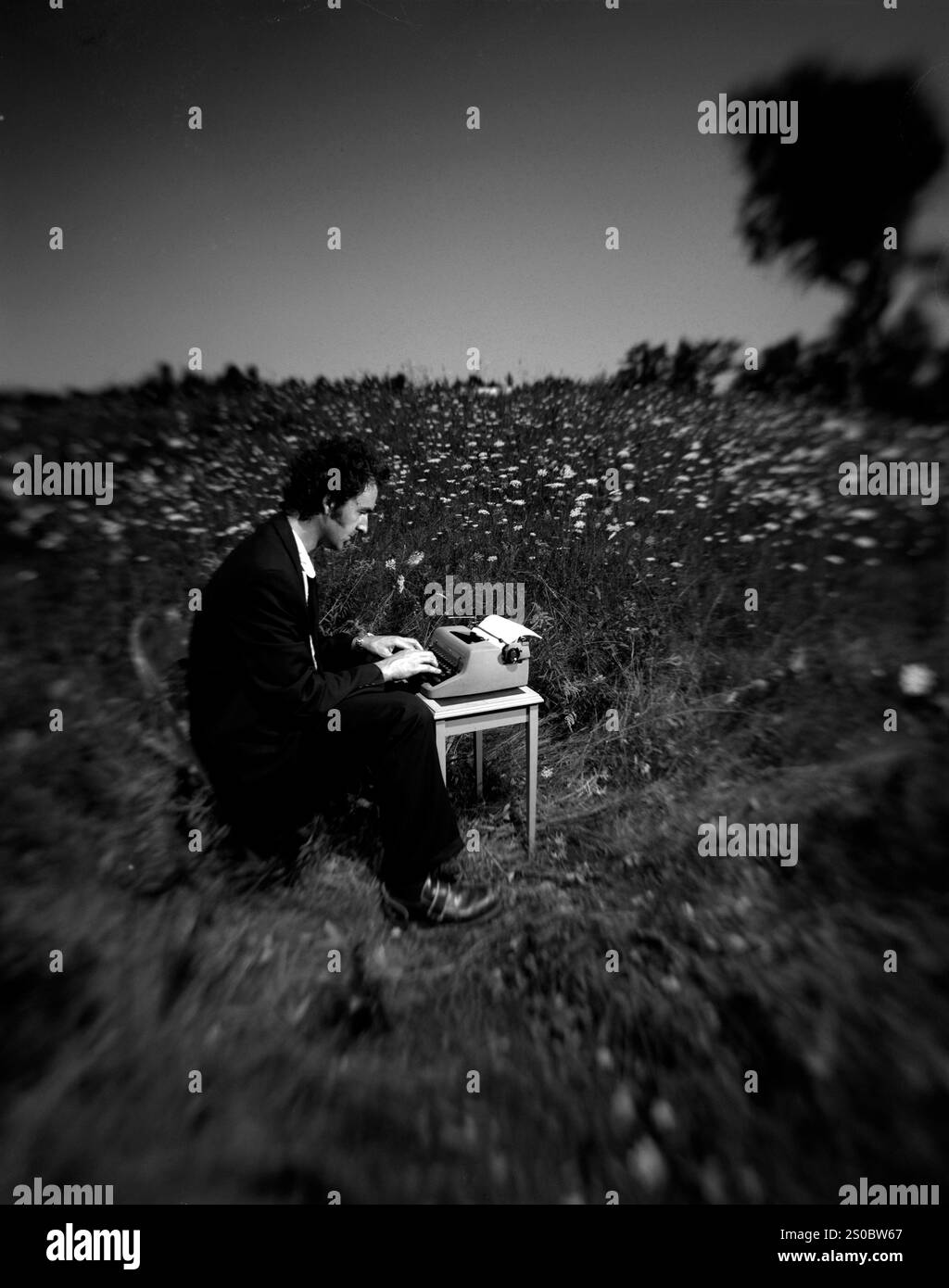Noir et blanc Portrait sélectif de beau jeune homme sur un écrivain de type dans un champ Banque D'Images