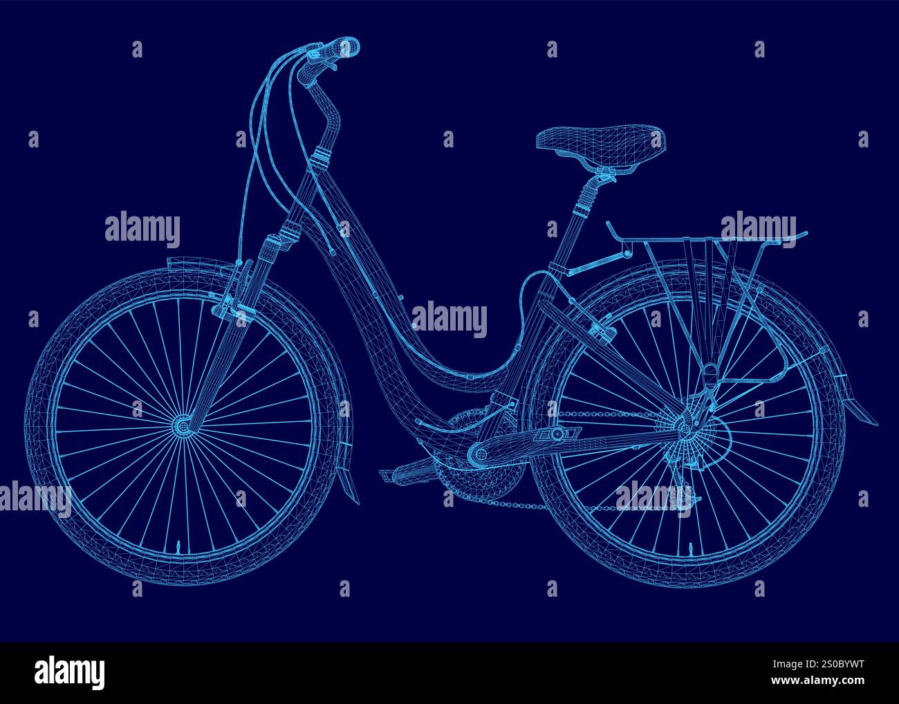 Vélo bleu avec une selle et un guidon bleu. Le vélo est représenté de manière stylisée, avec le cadre du vélo et les rayons de la roue étant empha Illustration de Vecteur