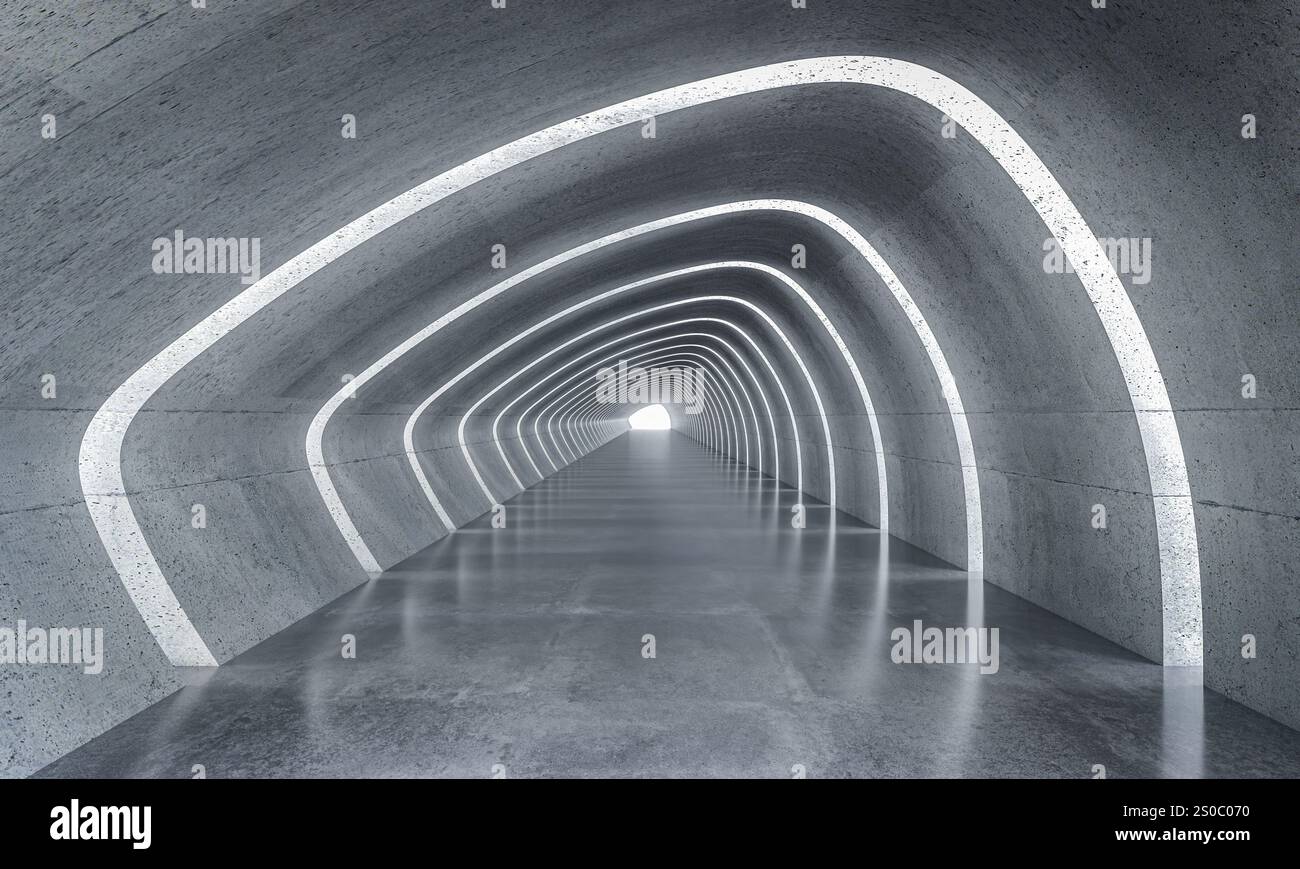 Tunnel en béton lumières incandescentes plancher brillant. arrière-plan 3d. Banque D'Images