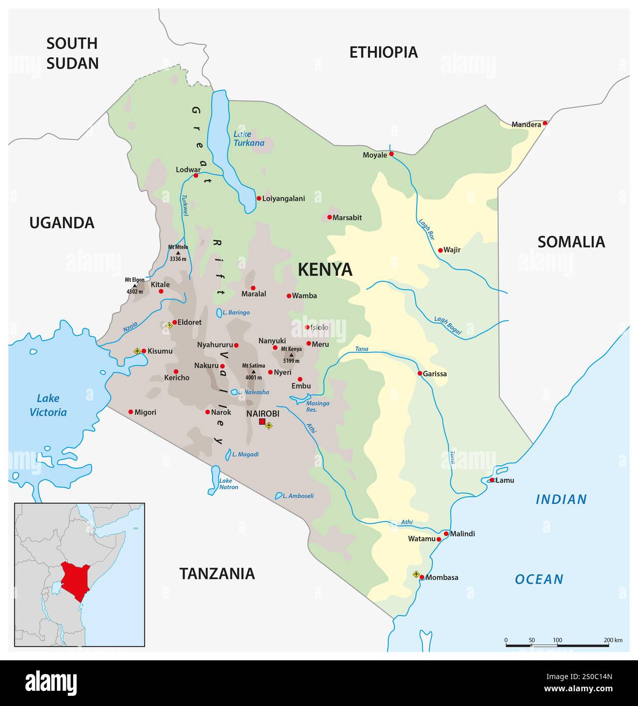 Carte de l'état d'Afrique de l'est du Kenya Banque D'Images
