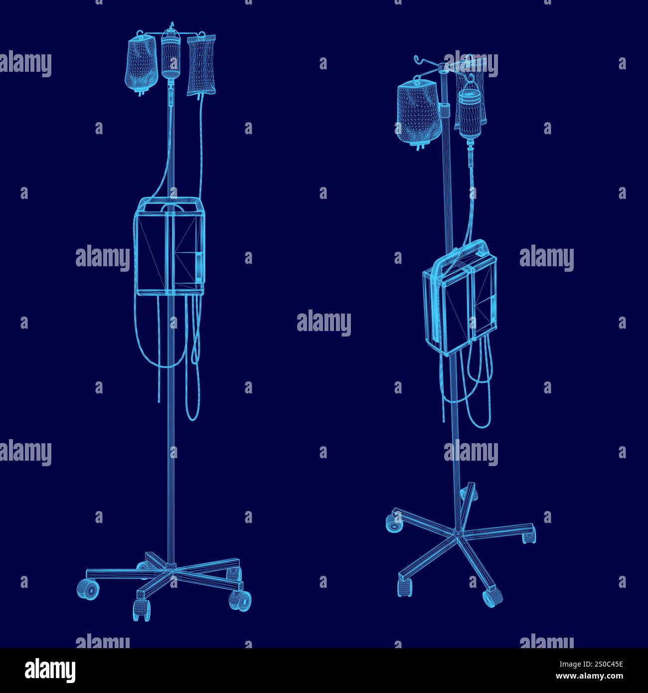 Deux dispositifs médicaux sont représentés sur fond bleu. Les appareils sont connectés à un support et semblent être utilisés à des fins médicales Illustration de Vecteur