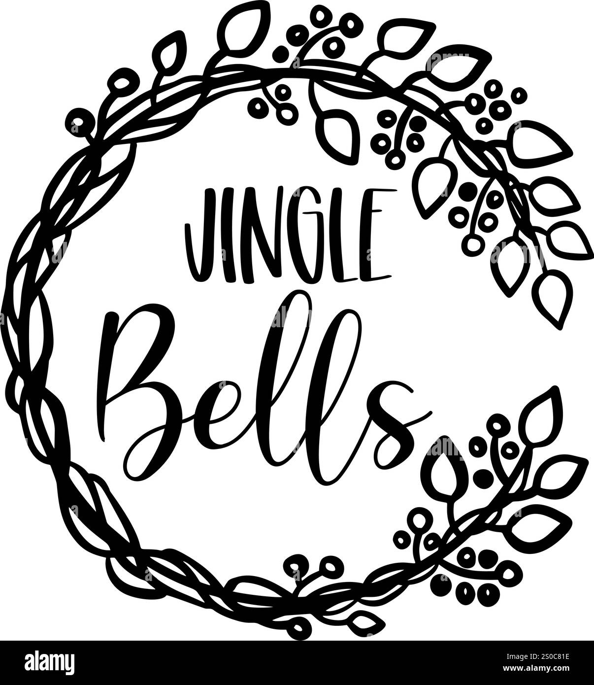 Jingle Bells. Une couronne de Noël minimaliste avec une silhouette noire autour d'une citation de vacances significative. Style vectoriel pour une touche moderne Illustration de Vecteur