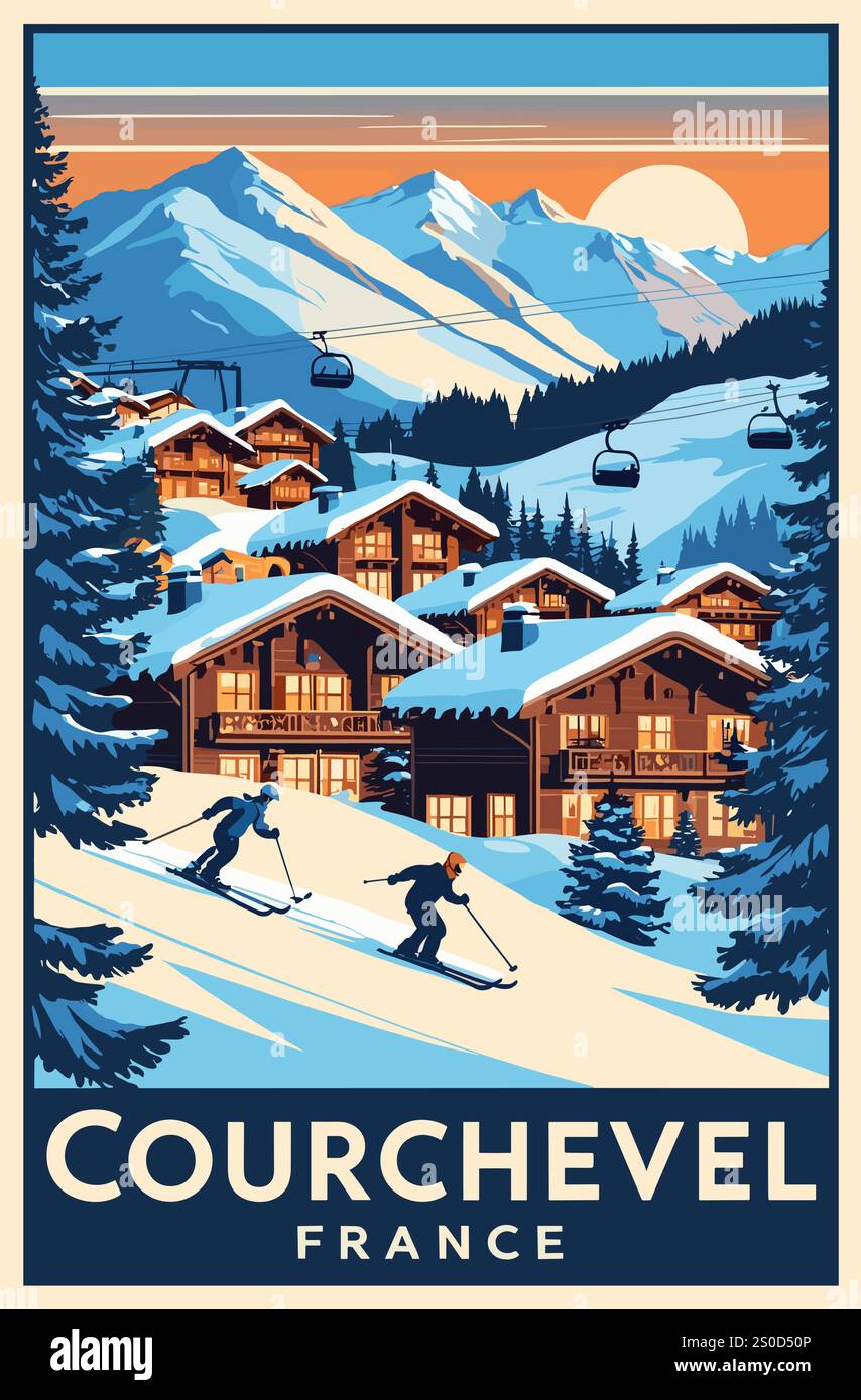 Courchevel France affiche de voyage ski dans un style rétro Illustration de Vecteur