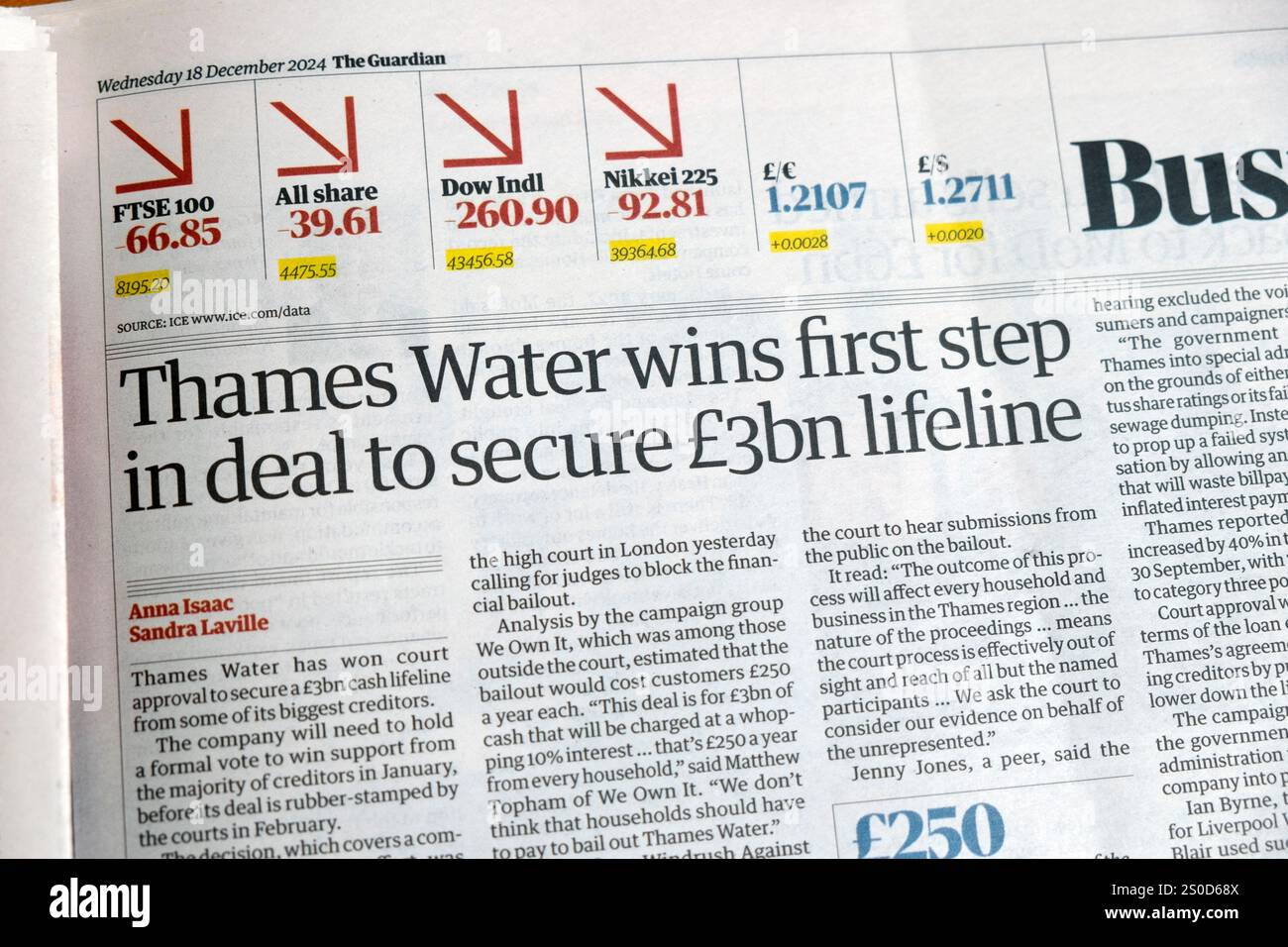 « Thames Wins First Step in deal to Secure £3bn LifeLine », journal du Guardian, article du tribunal d'affaires 18 décembre 2024 Londres Angleterre Royaume-Uni Banque D'Images