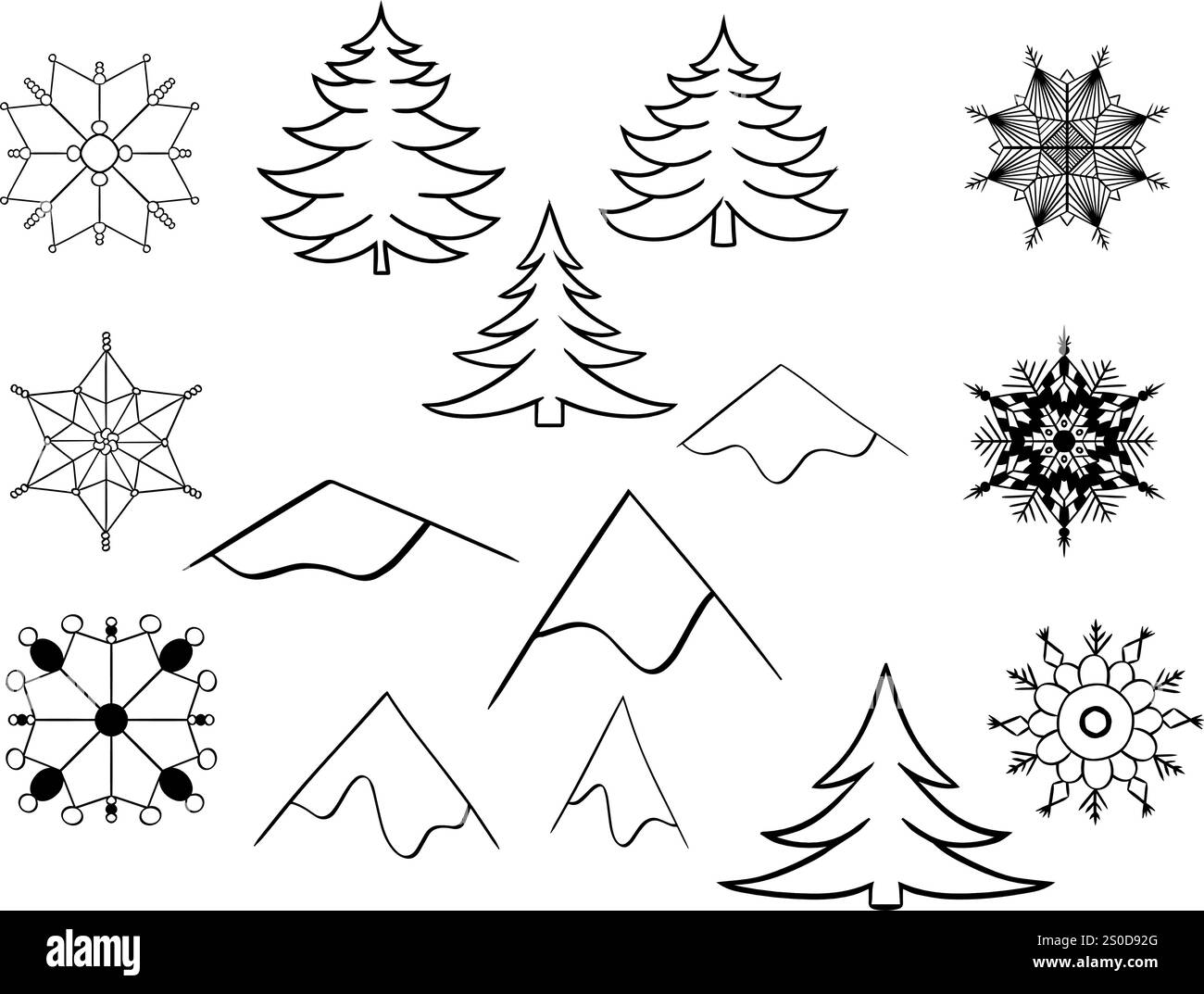 Montagnes, pins, flocons de neige dans le vecteur de style de ligne graphique set d'icône de contour. collection vectorielle d'icônes. isolé sur fond transparent Illustration de Vecteur