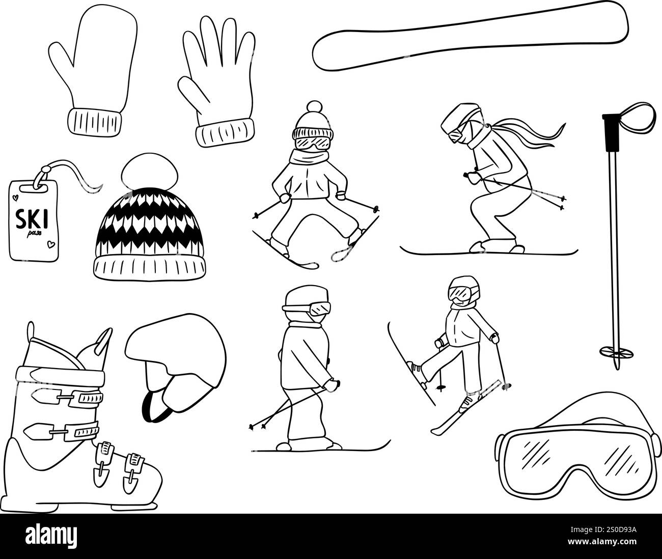 Dessin graphique dessiné à la main ensemble d'illustrations de sports de ski avec des skieurs et de l'équipement de ski. Vectoriel de sport d'hiver dessin sur backgro blanc Illustration de Vecteur