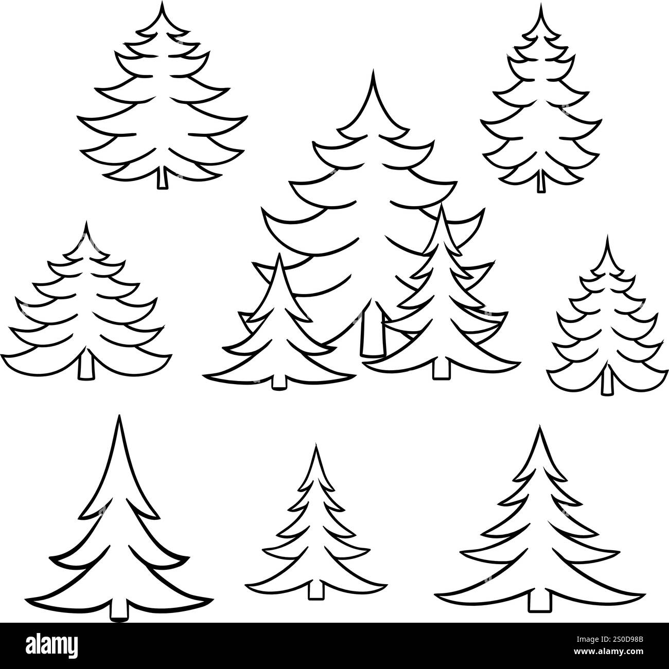 Pins de couleur noire et blanche isolés dans l'ensemble de style lineart graphique, la forêt, le parc et la collection de signes vectoriels d'arbre de jardin Illustration de Vecteur