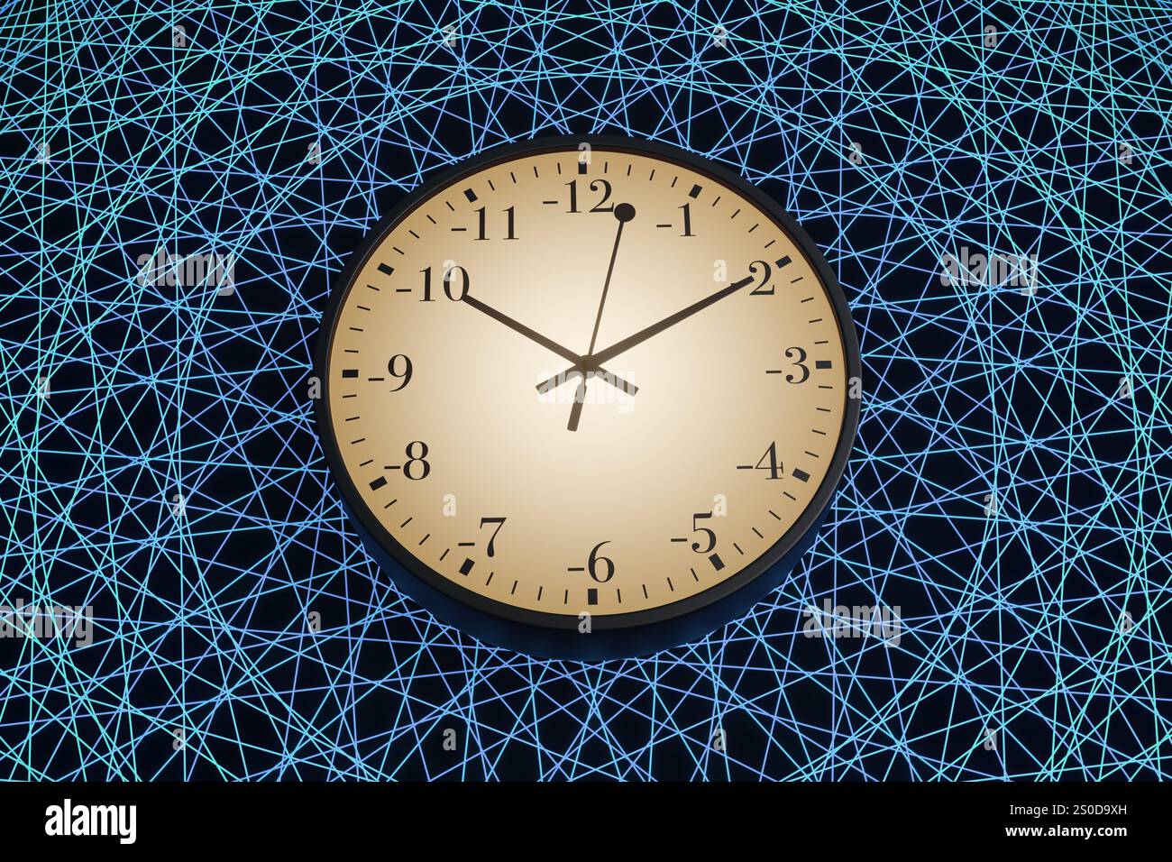 Montre noire ronde avec des nombres négatifs sur son cadran d'horloge en arrière-plan abstrait de dessin au trait. Illustration du concept de temps négatif en quantique Banque D'Images