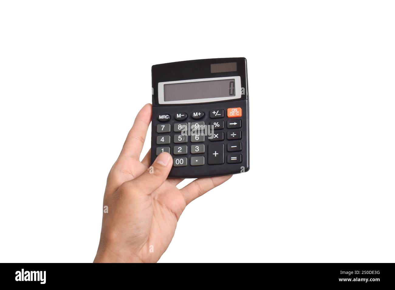 Calculatrice de main isolée sur fond blanc Banque D'Images