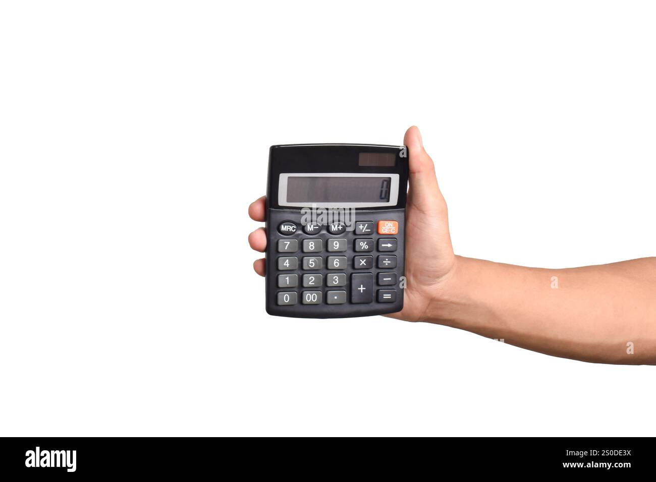 Calculatrice de main isolée sur fond blanc Banque D'Images