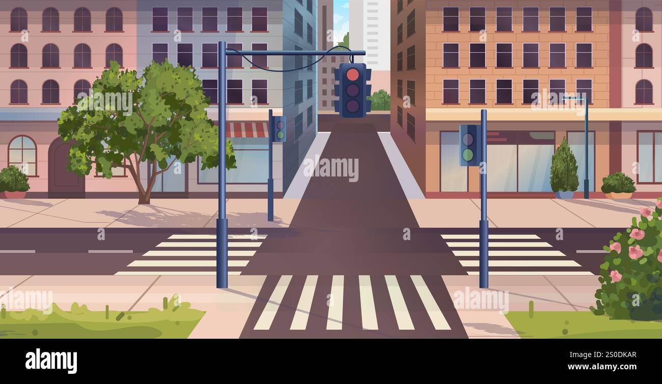 Paysage de ville d'été avec lumières de trafic, trottoir, passage piétonnier, bâtiments, maisons, arbres, buissons et lampadaires. Vue sur les édifices de la ville. Banque D'Images