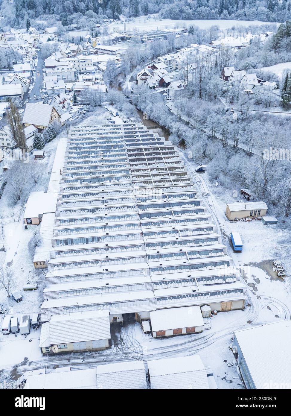 Vue aérienne de serres enneigées dans une scène hivernale, Nagold, Forêt Noire, Allemagne, Europe Banque D'Images